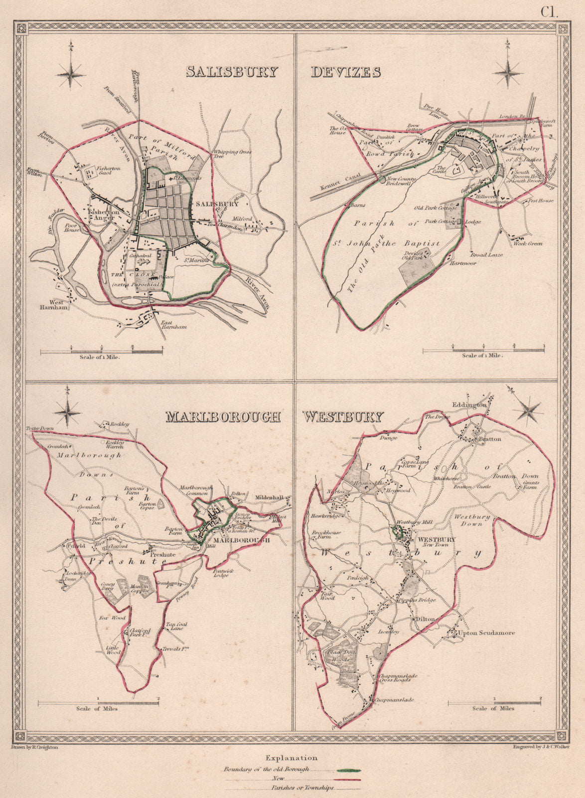 WILTSHIRE TOWNS. Salisbury Devizes MarlWestbury plans.CREIGHTON/WALKER 1835 map
